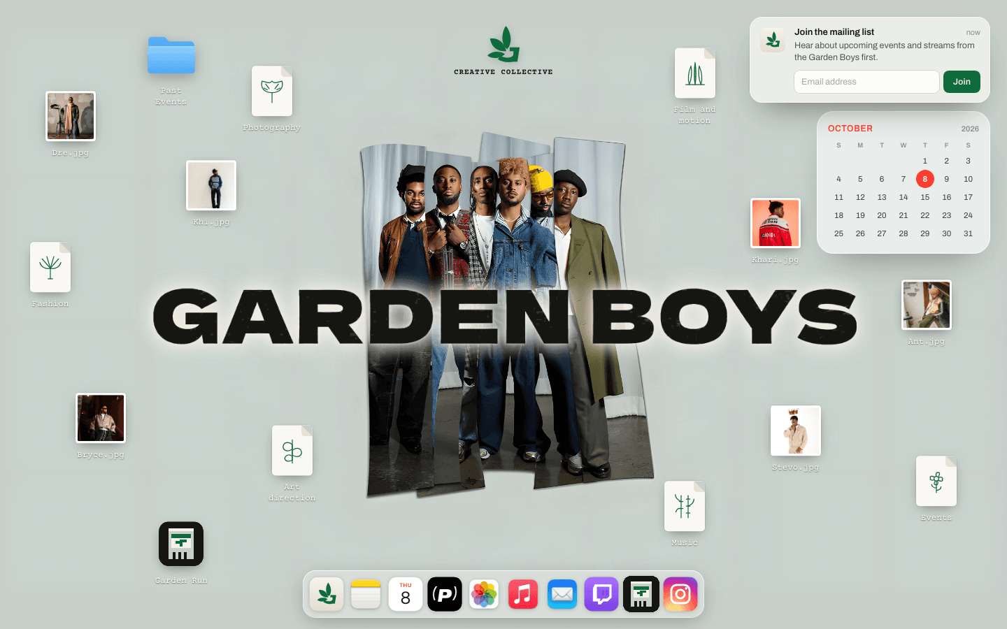 The Garden Boys demo homepage, styled as a computer desktop